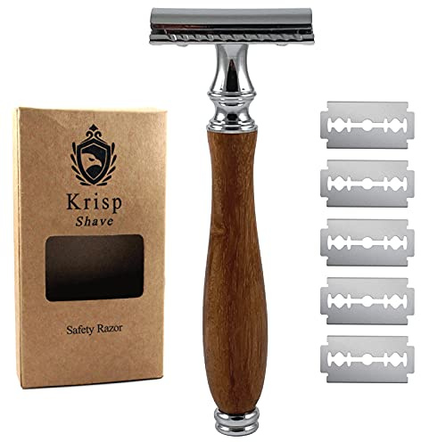 Krisp Shave (4.5 Inch) Long Wood Handle Safety Razor for Men Women - Double Edge Manual Razor - Fits All Double Edge Razor Blade - Comes With 5 Shaving Blades, Brown