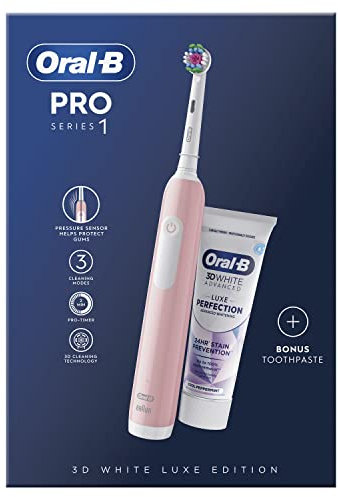 Oral-B Pro 1 Electric Toothbrush With 3D Cleaning, Gifts For Women / Men, 1 Toothbrush Head & 3D White Luxe Perfection Toothpaste, 75 ml, 2 Pin UK Plug, Pink