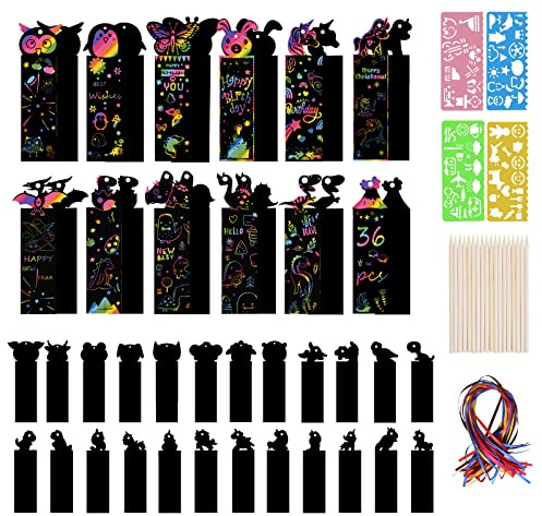 Vicloon Scratch Art, 36Pcs Segnalibri Scratch Animali, Set di Segnalibri Arcobaleno, Fogli da Grattare DIY con 36 Segnalibro, 36 Corde Colorate, 18 Penna in Legno e 4 Modelli