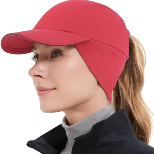 GADIEMKENSD Winter Fleece Hats Reflective Ponytail Hat for Women Ball Caps with Earflap Drop Down Ear Warmer Mens Skull Cap Beanie with Visor Cold for Cool Outdoor Running Hiking Sport Cap Red