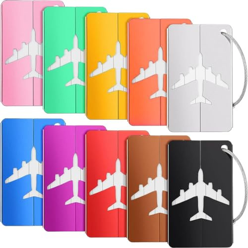 GGUFAY 10 Etiquetas de Equipaje de Aluminio con Tarjeta para Información Personal, Etiqueta de Equipaje de Metal Resistente a La Suciedad y a Las Manchas para Bolsas de Equipaje, Maletas y Mochilas