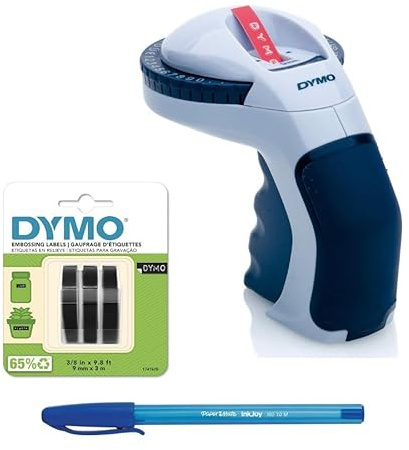 Dymo Omega Embossing Label Maker & Dymo Authentic Embossing Label Tape (S0847730) | Rotoli da 9 mm x 3 m | Stampa bianca su nero | 3 pezzi e penna PaperMate