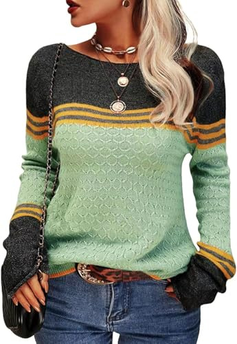 CheChury Maglione Donna Inverno a Maglia Colorblock Elegante Girocollo Tops Invernale Lana Manica Lunga Morbido Righe Pullover Casual Allentato Chic