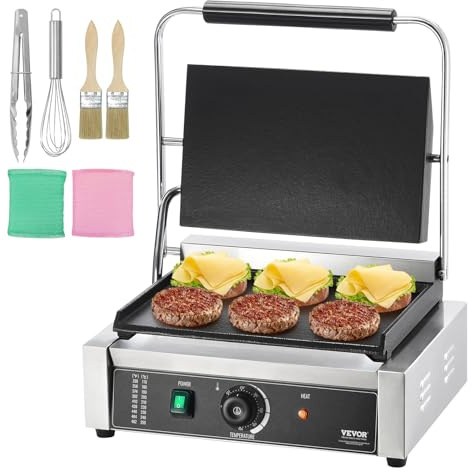 VEVOR Griglia per Panini Commerciale, 2200 W Pressa per Sandwich in Acciaio Inox, Griglia per Panini con Controllo della Temperatura, Piastra Smaltata Completa da 345 x 230 mm per Bistecca, Pancetta