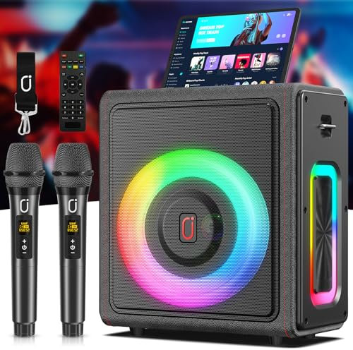 HWWR Karaoke con 2 Micrófonos Inalámbricos, Altavoz de Karaoke Portátil Bluetooth 5.3 con Subwoofer Mejorado para Adultos, Sistema PA con Ajuste de Eco, Soporta TWS/TF Card/USB/AUX/Live