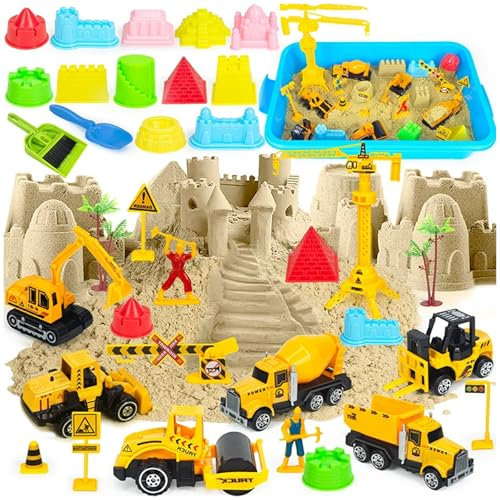 FreeSkill Play Sand for Kids - 2lbs Sensory Sand Construction Set with 6 Vehicles, 12 Castle Molds, Sands Moulds & Tools, Sandbox with Lid, Sensory Bin for Boys & Girls Age 3-7 Indoor & Outdoor Play