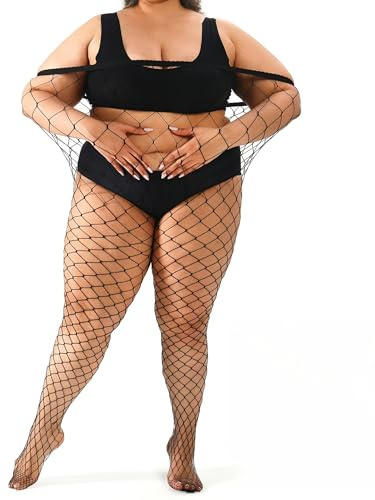 ANNTXL Plus Size Fishnet tights stockings Big Mesh Leggings Pantyhose for women-Black