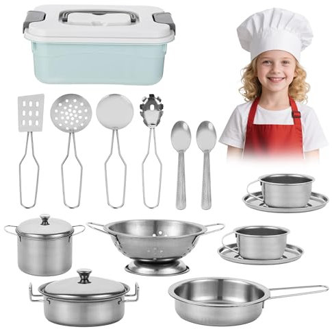 17 Stück Kinderküche Zubehör, Edelstahl Küchen Zubehörfür Kinder,Holz Küchenspielzeug Spielküche Zubehör Set,für Jungen und Mädchen Kinder