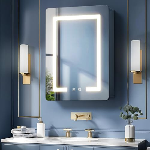 LNZHAO Bathroom Mirror Cabinets with Led Lights, Aluminum Alloy Wall Mounted Bathroom Cabinet Led Bathroom Mirror, 3 Colors Anti Fog, Adjustable Shelves, Touch Sensor, Concealed Storage