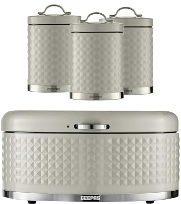 GEEPAS Tea Coffee Sugar Canister, Bread Bin, Mug Tree & Towel Pole Set | 9L Bread Box 1.3L Airtight Canister Set | Carbon Steel Build Kitchen Counter Storage Space Saver Argyle (Cream-Set of 2)