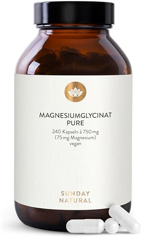 SUNDAY NATURAL® Magnesium Bisglycinat Premium - 240 Kapseln - 150mg reines Magnesium Glycinat Tagesdosis hochdosiert - Magnesiumglycinate als organisches Aminosäurechelat – Laborgeprüft, vegan