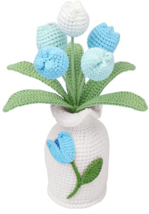 Magicherry Tulipani all'uncinetto, piante in vaso, 22 cm, fiori artificiali fatti a mano, per compleanno, matrimonio, decorazione per la casa, colore blu sfumato