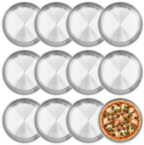 AOZUO 12 Pack 8 Inch Personal Pizza Pans Bulk Stainless Steel Pizza Pan Small Round Pizza Pan for Oven Kitchen Baking Home Restaurant Picnics Safe Sturdy Reusable Easy Clean