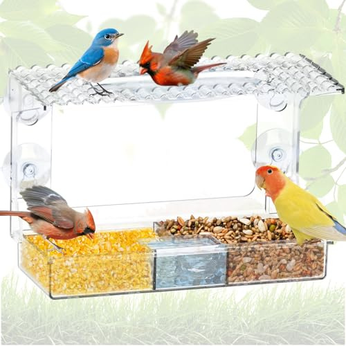 SJUNJIE Comedero para Pájaros Exterior Transparente Colgante Comedero Pajaros con Ventosas Bird Feeder para Pájaros Patio Gorriones Loros y Otras Aves 24,6 X 9,8 X 13,7cm