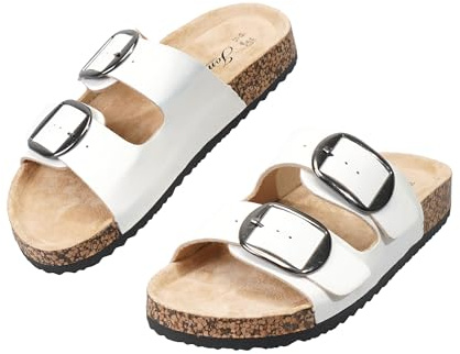 JOMIX Sandales Femme à Double Bride avec Boucles Réglables Mules Bout Ouvert Claquettes d'été à Talon Plat pour Plage Mer