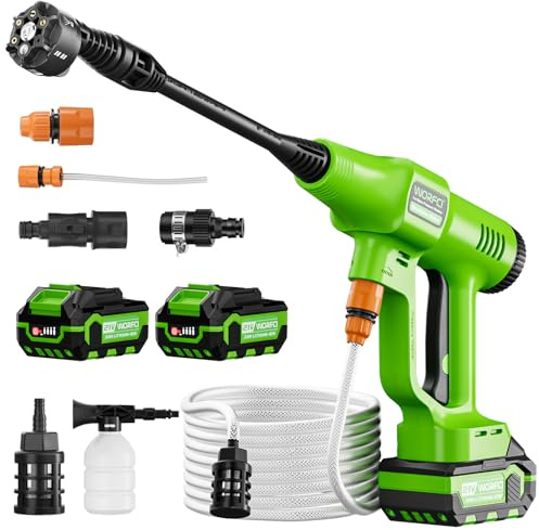 WORFCI Idropulitrice senza fili da 21 V, rondella portatile a batteria 6 in 1 con 2 batterie e caricabatterie, tubo intrecciato da 6,5 m per la pulizia di auto/patio