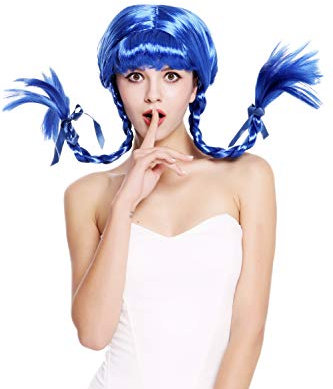 WIG ME UP - DDH-T8175-PC3 Perücke Damenperücke Karneval Halloween Freche Göre Lolita steife geflochtene Zöpfe blau Pony