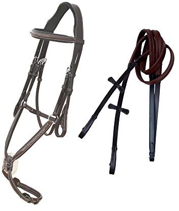 Exion Jumping Horse Bridle | Anatomical Figure 8 Bridle with Fancy Stitching & Padded Grackle Noseband | Rubber Grip Reins & SS Hadrware | English Tack for Equestrian Show & Training