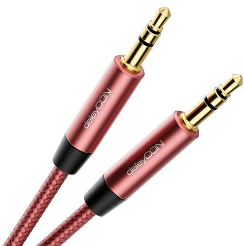deleyCON 1,5m Nailon 3,5mm Cable Jack AUX Audio Estéreo Cable de Nailon Conector Metálico Móvil Smartphone Tablet Auriculares HiFi Receptor - Rojo/Rosa