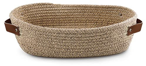 TENQUAN Storage Basket Cotton Rope Basket with Leather Handle Woven Shelf Baskets for Cabinet Shelves, Decorative Home Storage Box for Bedroom Bathroom(Light Brown)