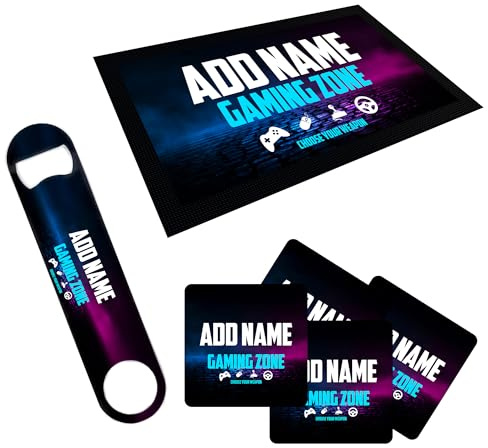ShopQuality4U Personalise Gamer Bar Runner Mat, optional: Matching Bottle Opener & 4x Drinks Coasters, Gift Set | Beer Gifts Home Bar Accessories for Pub Bars Man Cave Him Her Gin Oclock