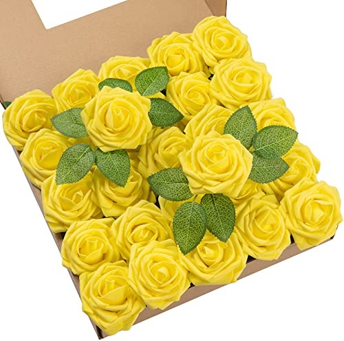 DuHouse 25 Rosas Artificiales con Tallos, Flores de Espuma de Tacto Real para Bricolaje, Ramo de Boda, Baby Shower, Centro de Mesa, arreglos Florales, Fiestas, decoración del hogar (Amarillo)