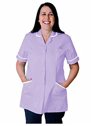 Skywear T66 Ladies Tunic Tops - Women's Healthcare & Beauty Tunics for Women UK | Work Uniforms for Office, Salon, Nurse & Spa - Multicolor Short Sleeve Tops, Lilac White, 12