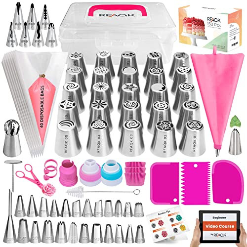 RFAQK 150-teiliges russisches Spritztüllen-Set – Kekse, Cupcake-Dekorationsset – Kuchen-Tüllen-Set (24 Spritztüllen, 25 russische + 7 Rüschen, Blatt und Ball, 41 Spritzbeutel + E-Book)