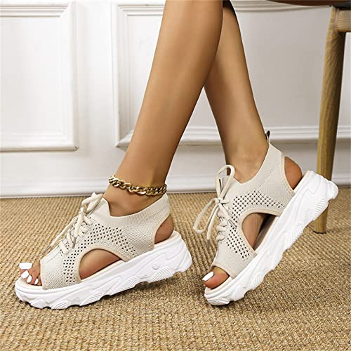 SWTKO Sandali Sportivi in Rete Estivi da Donna Sandali da Passeggio con Supporto per L'Arco Sandali in Maglia Punta Aperta Scarpe da Ginnastica Casual con Suola Morbida,Beige,US10/EU41
