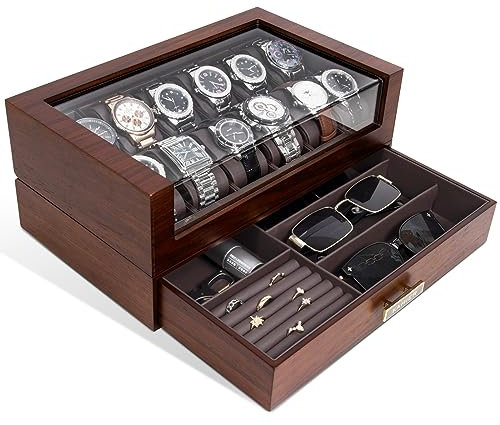 Scatola per orologi di fascia alta da uomo, 12 scomparti in legno con cassetto, scatola per orologi con coperchio in vetro, supporto per orologi a 2 strati per gioielli e orologi, per uomini e donne