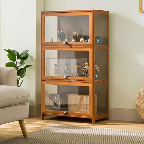 KUYATE Glasvitrine, antiker Schrank mit Glastür, antiker Schrank mit natürlichem Bambusrahmen, eintüriges Design, versiegelt und staubdicht 60x32x106cm/L23.6xW12.6xH41.7in Brown