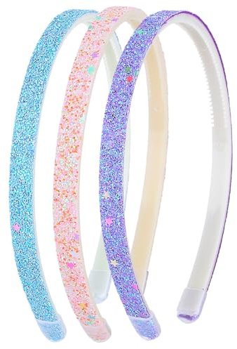 WLLHYF 3pcs Glitter Headband Plastic Cute Sparkly Non Slip Head Bands with Teeth Confetti Rainbow Hard Hairbands Little Girl Hair Accessories (Pink + Blue + Purple)