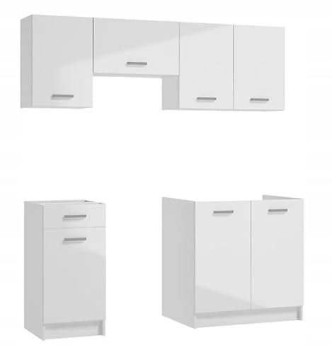 .Deftrans Küchenmöbel First - 5-teiliger Set in Hochglanz-Weiß, inkl. 80 cm Spülschrank, 40 cm Schubladenschrank, 60 cm Dunstabzugshaube, 80 cm Hängeschrank 40 cm - Ohne Elektrogeräte