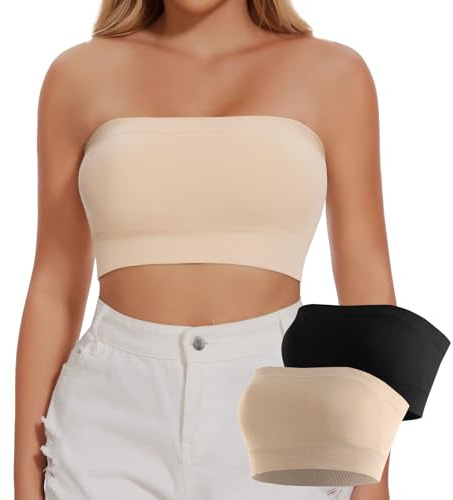 Joyshaper dam sömlös bandeau bh axelbandslös utan bygel-BH tub topp push up axellös crop top top, Svart + beige, L