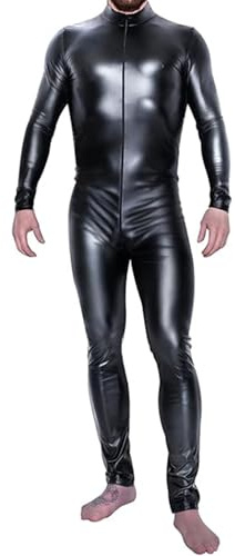 Generico Uomini Sexy Pelle Verniciata Catsuit Maniche Lunghe Cerniera Stretto Body Latex Wetlook Lingerie Discoteca Sbarra Fase Tuta Abbigliamento da Prestazione Clubwear,Nero,M