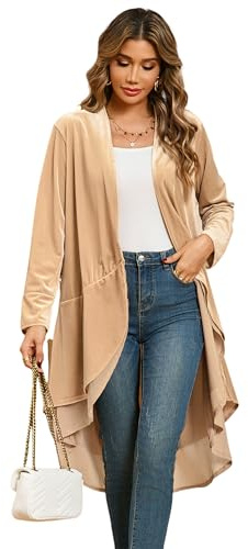 R.Vivimos Automne Hiver Femme Manteau à Volants En Velours Casual Vintage Veste Longue Sans Col Classique Swallowtail Hem Blazer(XL,Champagne)