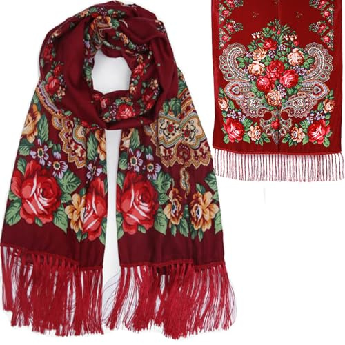 LOVNBHELP Russian Style Muffler Scarf Traditional Tassel Exotic Wrap Warm Soft Large Long Rectangular Shawl for Women Fashion Fringes Printed Scarves/Wine Red