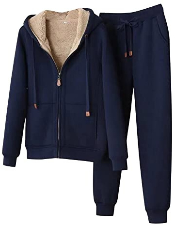 Chándal para mujer con forro de invierno, 2 piezas, chaqueta de invierno, sudadera con capucha y pantalones de jogging, traje deportivo de gran tamaño, para adolescentes, niñas, ropa deportiva, azul,