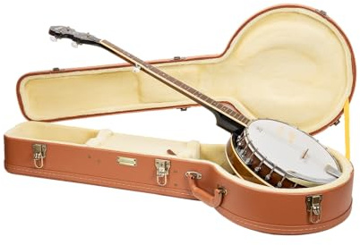 Crossrock Relief Series Banjo - Estuche para resonador de 5 Cuerdas, con Acabado de Madera roja Tallada, Forro de Felpa Marfil, Cierre y Carcasa rígida de Madera