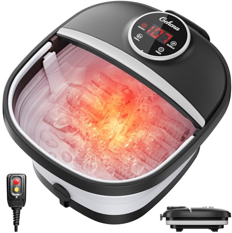 GEHONA Collapsible Foot Spa Bath with Heat,Foot Massager with Two Side Supports,Leakage Protector,Temperature Control,Bubbles,Red Light,Timer,Feet Spa Tub,Feet Soaker,Gifts (Black)