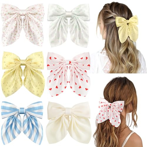 Seiolieliou 6Pcs Hair Bows for Women, Silky Satin Bow Hair Clips for Girls