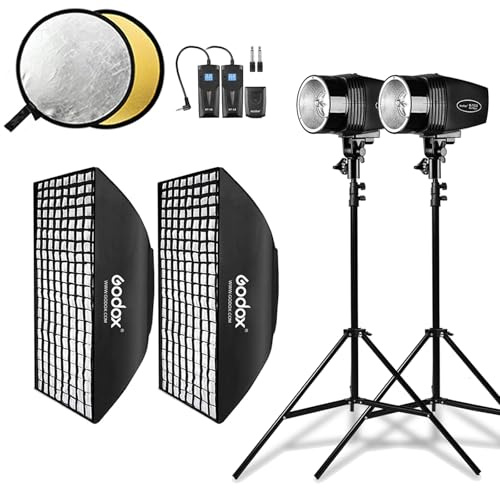 Godox Studio Flash Light Kit for Beginner Photography, Strobe Softbox Lighting Kit, 2x180W Compact Monolight with Flash Trigger, Grid Softbox, Light Stands, Reflector, GN 45, Recycle Time 0.5-3s 110V