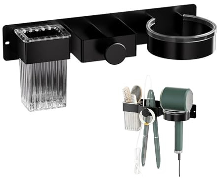 Hair Dryer and Straightener Holder, Hairdryer Holder Station Wall Mounted | Hair Styling Tool Organizer, Bathroom Adhesive Station, Black Metal Hairdryer Holder