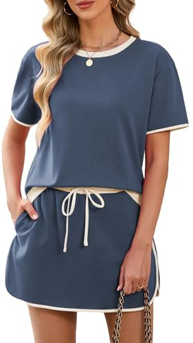 Famulily Lounge Wear Set for Women UK 2 Piece Tracksuit Sets 2026 Fashion Crew Neck Co Ord Sets with Pockets Sea Blue XL