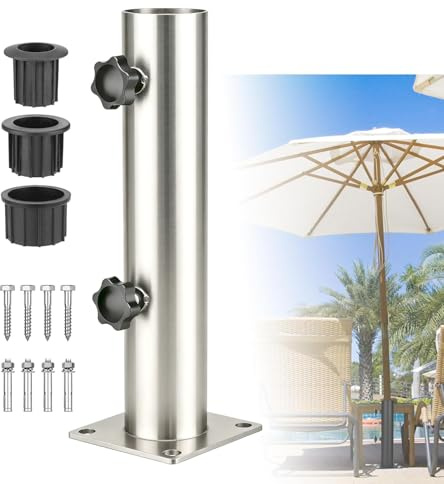 Fuutilake Soporte para sombrilla de 57 mm – Soporte de tubo vertical ajustable con 3 anillos reductores (32/40/50 mm), para sombrillas de hasta 20 kg, con clavos de acero y material de fijación para