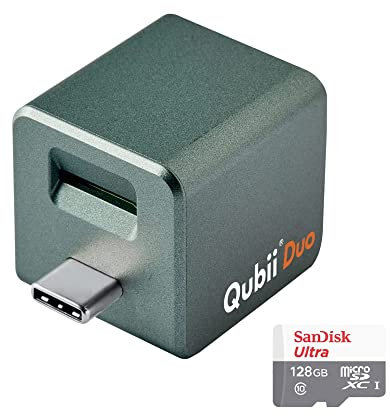 MAKTAR Qubii Duo USB-C Flash-Laufwerk mit MicroSD Karte 128GB, Automatische Backup während des Ladevorgangs, MFi Zertifiziert Foto-Stick Kompatibel mit iPhone/iPad/Android (Alpingrün)
