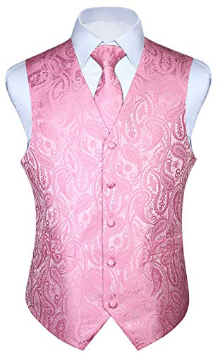 HISDERN Chaleco Hombre Vestir Rosa Paisley Chaleco de Boda y Corbata y Pañuelo Set Jacquard Chalecos Traje Hombre Elegantes de Fiesta 3XL