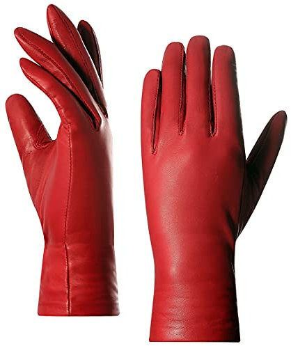 Harssidanzar Damen Lederhandschuhe,Damen Italienische Lammfell Lederhandschuhe Kaschmir Gefüttert,Rot,S