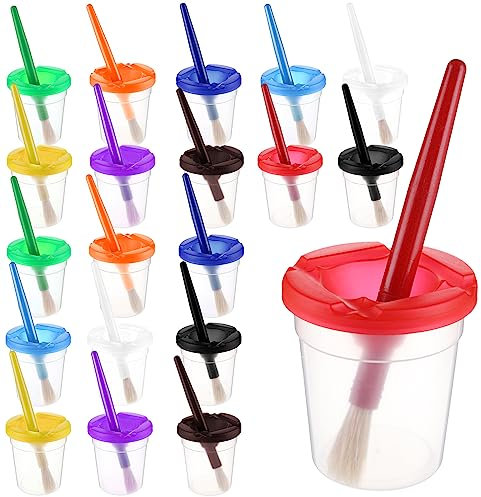 Yarlung Set of 10 Spill-Proof Paint Cups with Paint Brushes and Lids, Painting Tools Hog Bristle Brushes for Watercolor, Tempera, Washable, Acrylic, Crafts, 10 Colors Matched