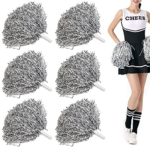 Cheer Leader Poms Pom Bright Metallic Cheers Ball Squad Cheer Sport Farben Pompons Poms Hand Flower Bands Spirit Cheering Pom Colours Pack Of 6 Accessories Cheerleading Sports Games Team (silver)